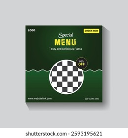 Special pasta social media post template. Food banner for Italian food restaurant