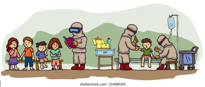 Special Physicians Doctor And Scientist Are Examining Group Children Which Risk For Contagious Epidemic Disease Such As Ebola Or Mers Infection In Military Hospital Quarantine Zone, (cartoon Vector)