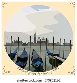 Special place for loving hearts. Round shape gondolas in Venice Italy, vector illustration