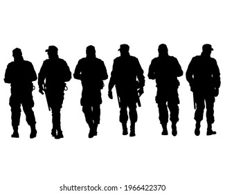 Special police forces arrested the demonstrator. Isolated silhouettes on a white background