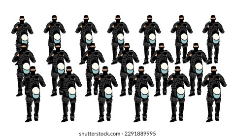 Ilustración vectorial de un oficial del equipo especial de la policía del SWAT aislado de blanco. Policía de la fuerza de trabajo del equipo. Escuadrón antiterrorista de Gendarme. Soldado contra la manifestación, enreda la línea de la ley y el orden públicos.