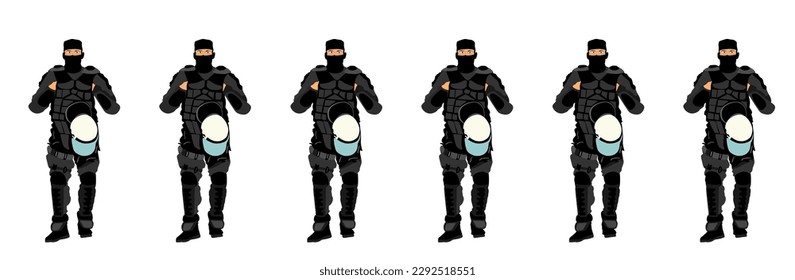 Ilustración vectorial de un oficial del equipo especial de la policía del SWAT aislado de blanco. Policía de la fuerza de trabajo del equipo. Escuadrón antiterrorista de Gendarme. Soldado contra la manifestación, enreda la línea de la ley y el orden públicos.