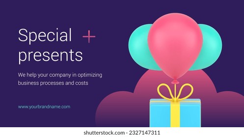 Special presents holiday festive celebration wrapped gift box air balloons 3d banner realistic vector illustration. Greeting promo advertising surprise prize lottery win shopping sale commercial offer