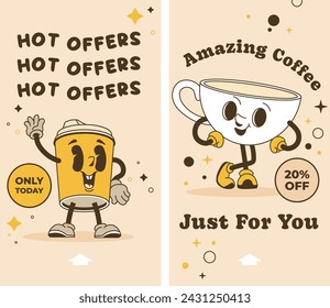 Special price for caffeine beverages in cafeteria. Only today hot offers, amazing coffee just for you. Promotional banner or advertising with smiling cup mascot characters. Vector in flat style