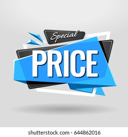 Special Price geometric banner design template. Material design style translucent banner with plastic elements. Vector illustration.