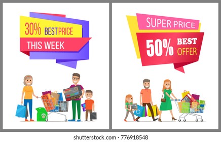 Special price offer discount week best cost, sale label on poster with family on shopping. Parents and child carrying trolley full of gifts vector