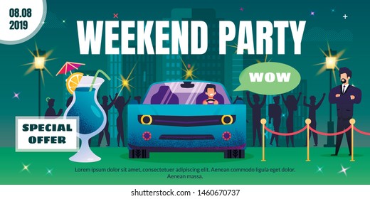 Special Price Offer On Alcohol Drinks Cocktails In Nightclub Flat Vector Advertising Banner, Poster Template. Happy Man Going On Car To Party, Bouncer Standing At Night Club Entrance Illustration