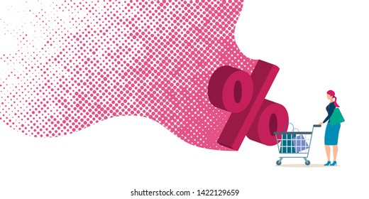 Special Price Offer on Shop Seasonal Sale Flat Vector Concept with Woman, Female Buyer, Customer Pulling Trolley with Purchased Goods Illustration. Store Discount Advertising Campaign Poster Template