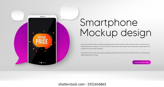 Special price sticker. Mobile phone vector mockup. Discount banner shape. Sale coupon bubble icon. Smartphone mockup speech bubble. Special price banner. Phone screen frame. Mobile background. Vector