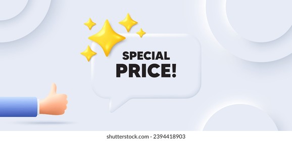 Precio especial. Fondo neutral con burbuja de habla de chat. Cartel de venta. Símbolo de descuentos publicitarios. Mensaje especial de discurso de precios. Cartel con la mano. Vector