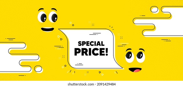 Special price text. Cartoon face chat bubble background. Sale sign. Advertising Discounts symbol. Special price chat message. Character smile face. Vector