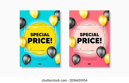 Texto de precio especial. Afiches de volante con globos realistas cubiertos. Cartel de venta. Símbolo de descuentos publicitarios. Carteles de póster de marco de texto de precio especial. Los globos se cubren. Vector
