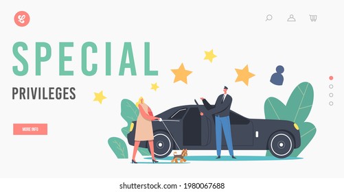 Special Privileges Landing Page Template. VIP Person Female Character with Little Dog Enter Limousine with Driver Open Door. Celebrity or Very Important Person Life. Cartoon People Vector Illustration