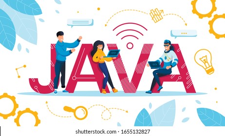 Special Programming Language and Computing Platform Advertisement. People Programmer Freelancer Using Javascript Working on Laptop. Vector Illustration with Capital Letter and Tiny Young Man and Woman