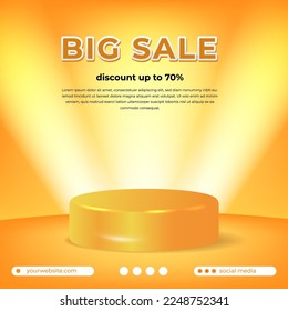 special promo big sale discount offer promotion flyer banner with white cylinder podium stage product display with yellow background