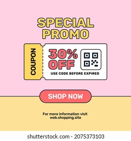 Special Promo Coupon Giveaway Online Shop Promotion Sale For Social Media Poster. Gift Voucher Code Illustration With Barcode Icon Modern Template Design