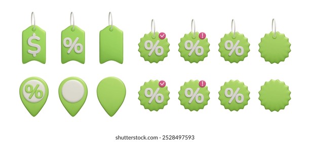 Special promo offer discount price tag icon set 3D bundle. Green 3d sale percent sign pin, dollar price tag, online shopping voucher card, discounted item label. 3d vector render icon collection.