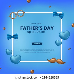 Oferta especial de promoción del festival evento del día del padre con el corazón azul, bigote, corbata e ilustración de lentes