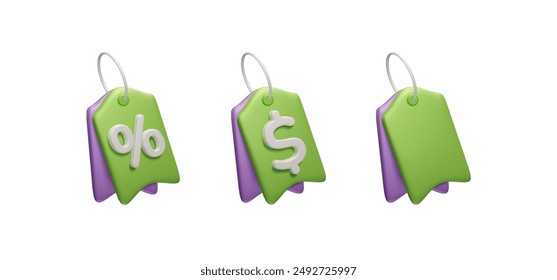 Special promo price tags 3D vector render icon set. Different 3D price tags: dollar sign price label, discount sale banner, empty gift tag isolated on white. Gift voucher, cash back coupon collection.