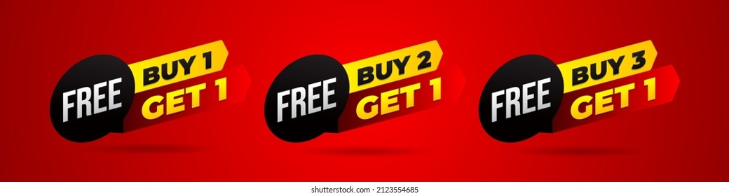 Special promo product label vector illustration, buy 1 get 1 free, buy 2 get 1 free, and buy 3 get 1 free set of sale banner