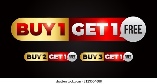 Special promo product label vector illustration, buy 1 get 1 free, buy 2 get 1 free, and buy 3 get 1 free set of sale banner