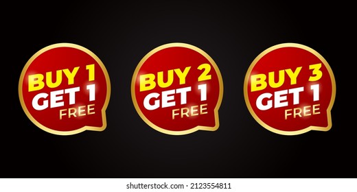 Special promo product label vector illustration, buy 1 get 1 free, buy 2 get 1 free, and buy 3 get 1 free set of sale banner