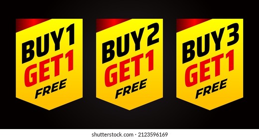 Special promo product label vector illustration, buy 1 get 1 free, buy 2 get 1 free, and buy 3 get 1 free set of sale banner