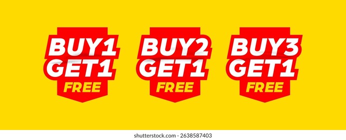 Special promo product label vector illustration, buy 1 get 1 free, buy 2 get 1 free, and buy 3 get 1 free set of sale banner