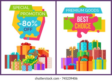 Special promotion best choice sale clearance on colorful signs on white background. Vector illustration with discount advert with gift boxes