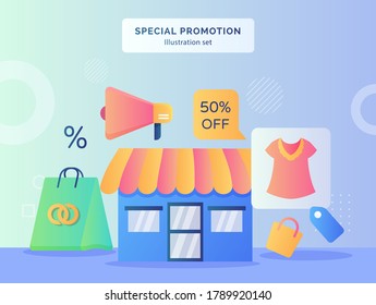 Ilustración de promoción especial set facade store fondo de la tienda ropa de la bolsa de compras porcentaje de descuento megáfono con estilo plano