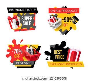 Special promotion on exclusive products sellout banners set. Presents boxes bought on sellout, purchase of goods on sale. Wholesale and retail offers