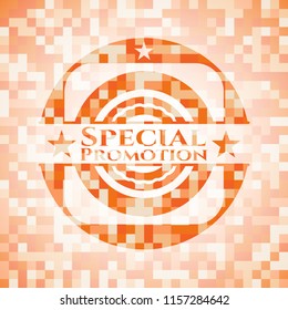 Special Promotion orange tile background illustration. Square geometric mosaic seamless pattern with emblem inside.