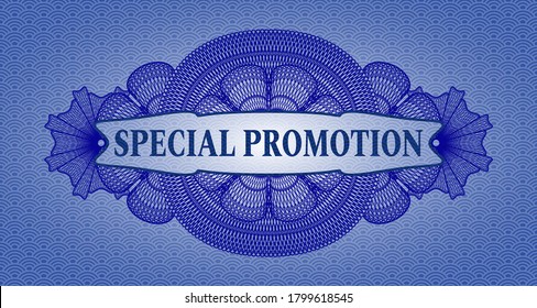 Special promotion text inside Currency blue color japan pattern realistic emblem. Geometric fashionable background. Artistic illustration. 