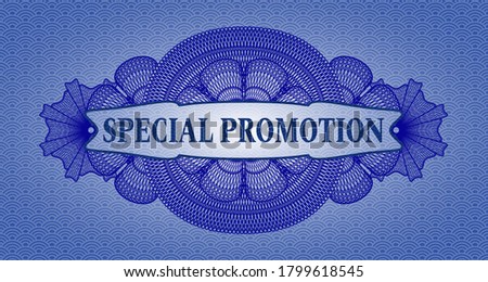 Special promotion text inside Currency blue color japan pattern realistic emblem. Geometric fashionable background. Artistic illustration. 
