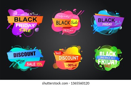 Special promotion vector, isolated banners set in flat style, stickers with reduced price and abstract design, black friday sale, offers of market