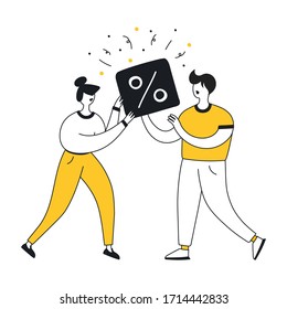 Special proposition, discount, promo action and sale concept. Two characters holding the sale tag with percent sign. Flat line black and yellow vector icon illustration on white.