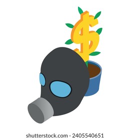 Special protection icon isometric vector. Gas mask and dollar sign in flower pot. Military concept, chemical protection