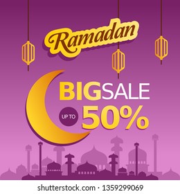 Special Purple Background for Ramadan Sale, web header or banner design with crescent moon and flat 50% off offers on mosque pattern background. - Vector