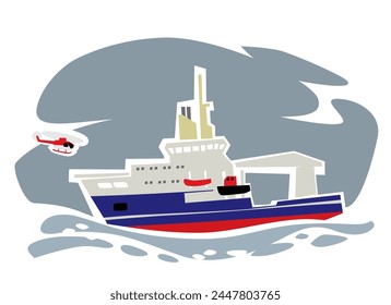 Spezialschiffe. Leuchtturmtender. In: Lighthouse Support Ship. Seetransport. Vektorgrafik Bild für Drucke, Poster und Illustrationen.