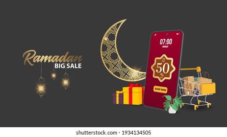 Special Ramadan 50% with black background. Ramadan sale banners. Smartphone from moon, gifts box, trolley. Greeting card, banner, poster. Eid Mubarak, vector illustration