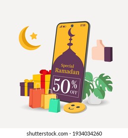 Special Ramadan 50% with lantern background. Ramadan sale banners. Smartphone from moon, gifts box, thumb, trolley. Greeting card, banner, poster. Eid Mubarak, vector illustration