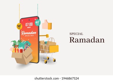 Special Ramadan banners on Mobile phone, discount and best offer tag, label or sticker set on occasion of Ramadan Kareem and Eid Mubarak, vector illustration