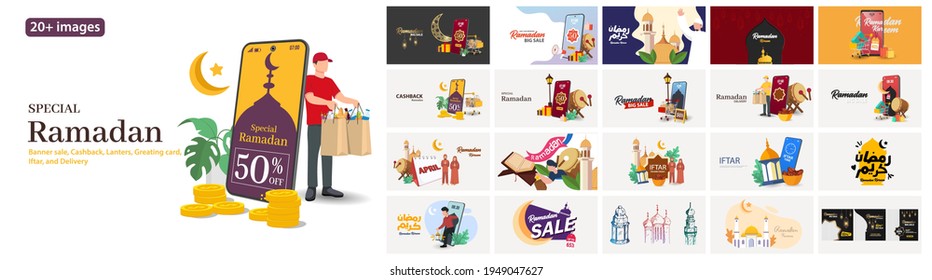 Special Ramadan illustrations. Mega set. Collection of scenes with Ramadan sale, Discount, Delivery, Cashback, Iftar party, Greeting card Ramadan Kareem, and Eid Mubarak,Trendy vector style