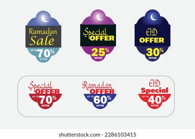 Ilustraciones especiales de Ramadán. Juego de etiquetas de oferta. Colección de escenas con venta de Ramadán, descuento, entrega, contrapeso, fiesta Iftar, tarjeta de saludo y Eid Mubarak, estilo vectorial de moda