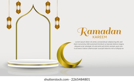 Spezielles rmadanisches islamithematisches Display-Podium mit Lattern- und Monddekoration, Werbebanner-Design, Vektorvorlage