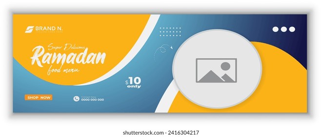 Special Ramadan Kareem Iftar date fall social media cover design, delicious Ramadan food menu post template, discount offer, restaurant web banner, abstract yellow color shape red background