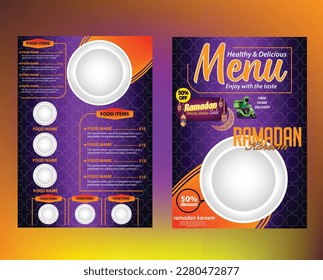 Spezielle Ramadan Menü Flyer Design Vorlage Restaurant-Menübroschüre, Flyer Design Vorlagen in A4 Größe. Vektorgrafiken für Werbeanzeigen für Lebensmittel und Getränke-Marketingmaterialien decken Design-Ramadan-Flyer-Design ab