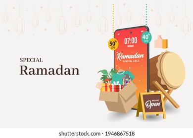 Special Ramadan sale banners on Mobile phone, discount and best offer tag, label or sticker set on occasion of Ramadan Kareem and Eid Mubarak, vector illustration