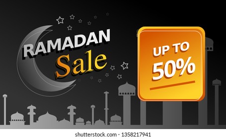 special Ramadan Sale, web header or banner design with crescent moon and flat 50% off offers on mosque pattern background. - Vector