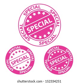 Special Rubber stamp, sticker, tag, icon and symbol with pink color, isolated on white background. Vector illustration.
